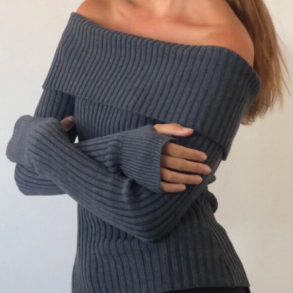 Motel Rocks Circe Knitted Bardot Jumper in Dark Charcoal - Size XS - Picture 5 of 5